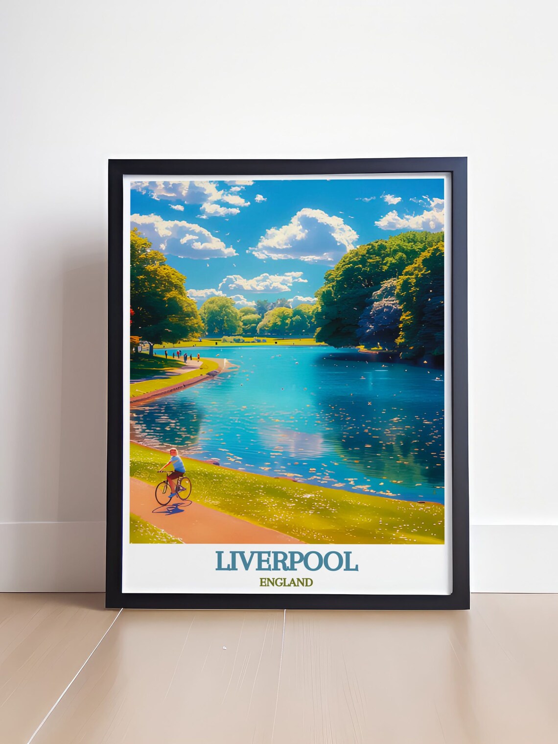 Liverpool England Sefton Park Lake Cyclist Summer Travel Poster - Image 4