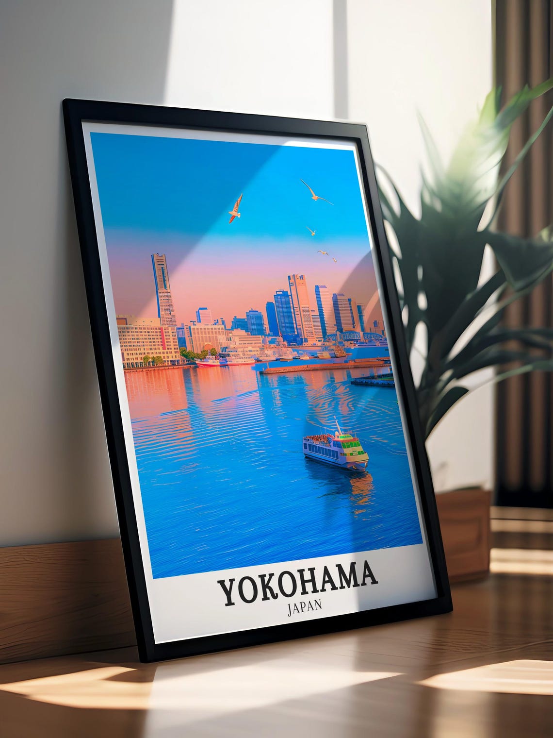 Yokohama Japan Blue Bay Skyline Sunset Sailboats Travel Poster - Image 3