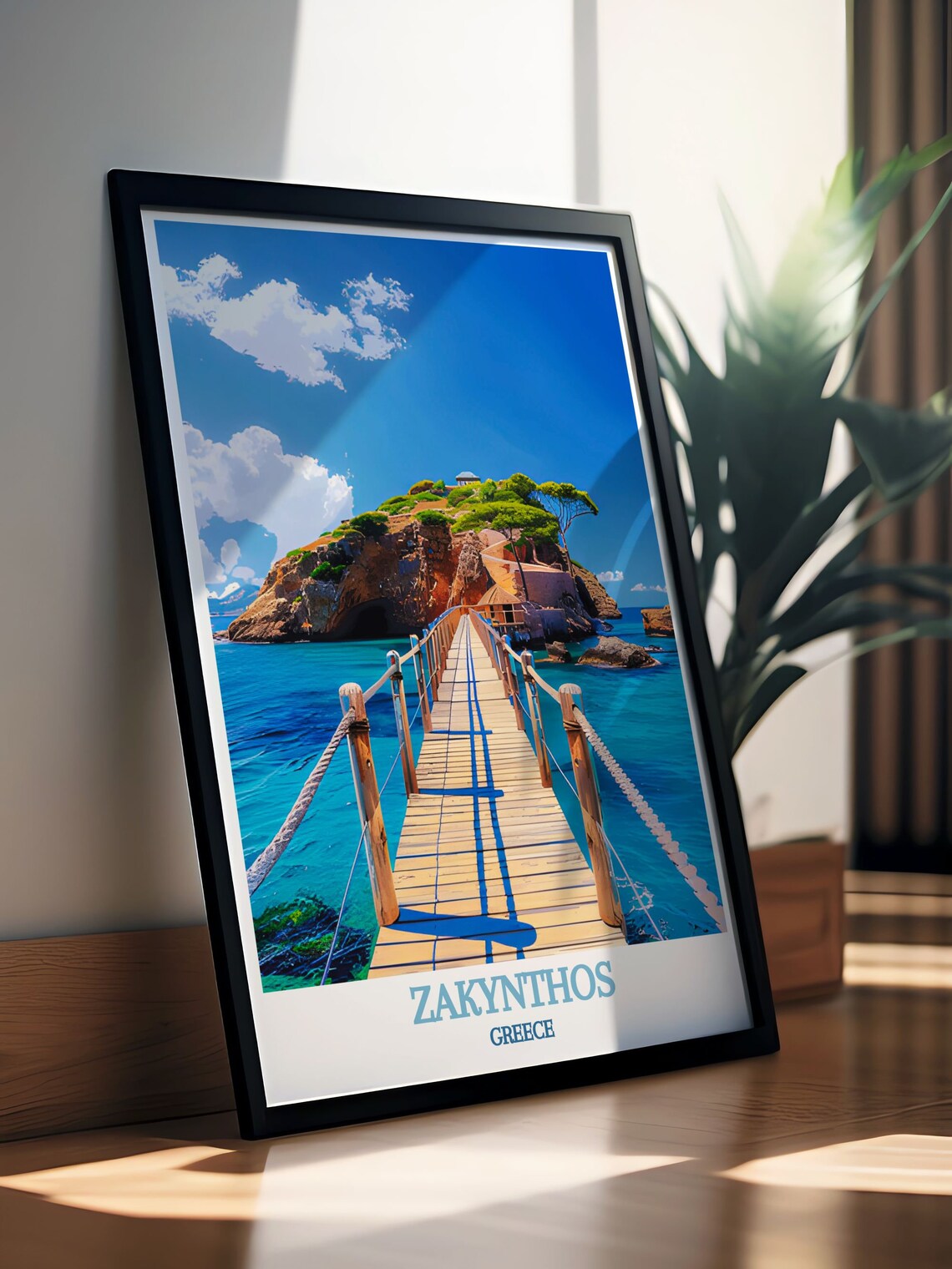 Zakynthos Cameo Island Wooden Rope Bridge Blue Sea Travel Poster - Image 2