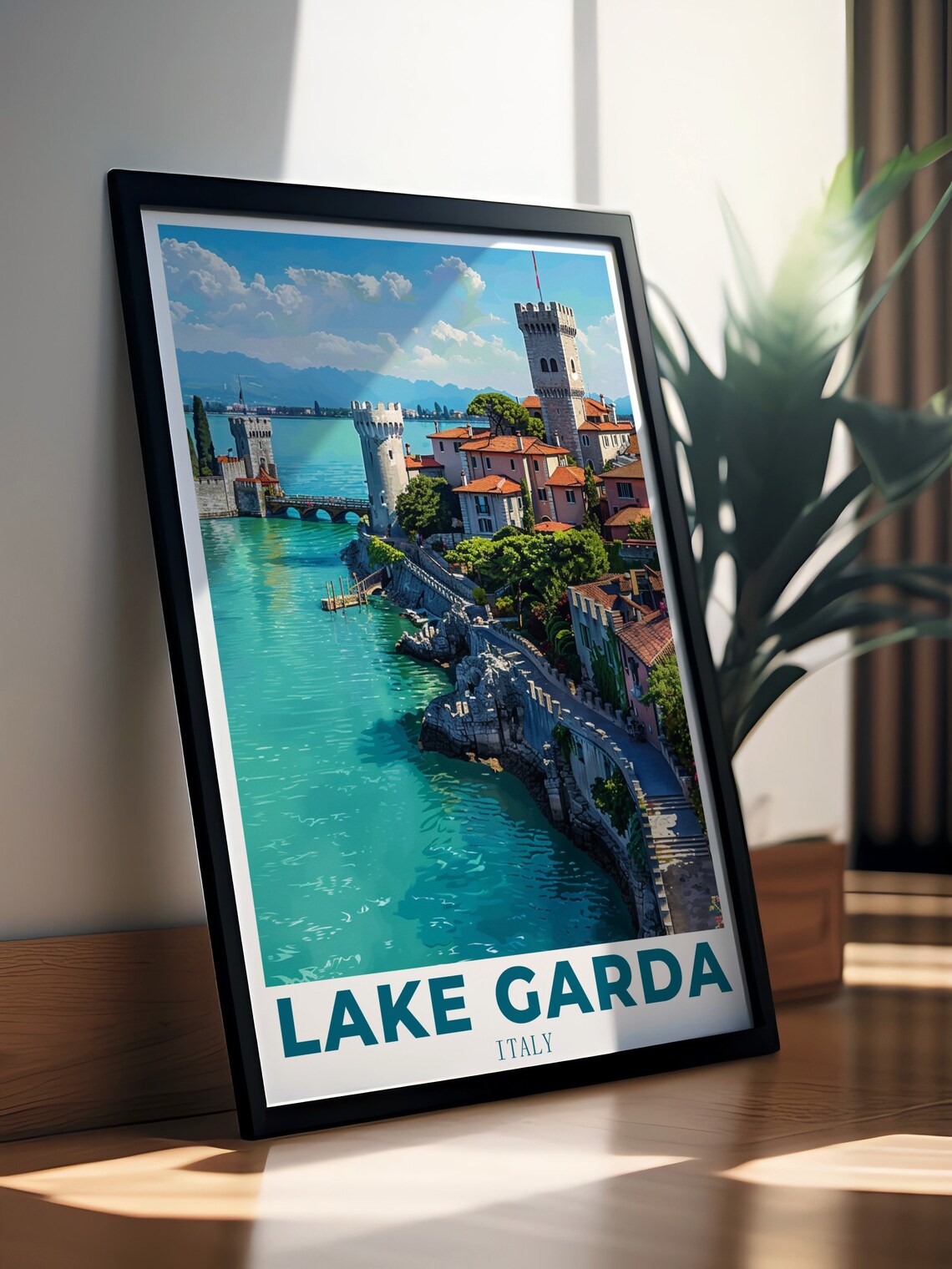 Lake Garda Italy Lakeside Town Medieval Castle Towers View Poster - Image 2