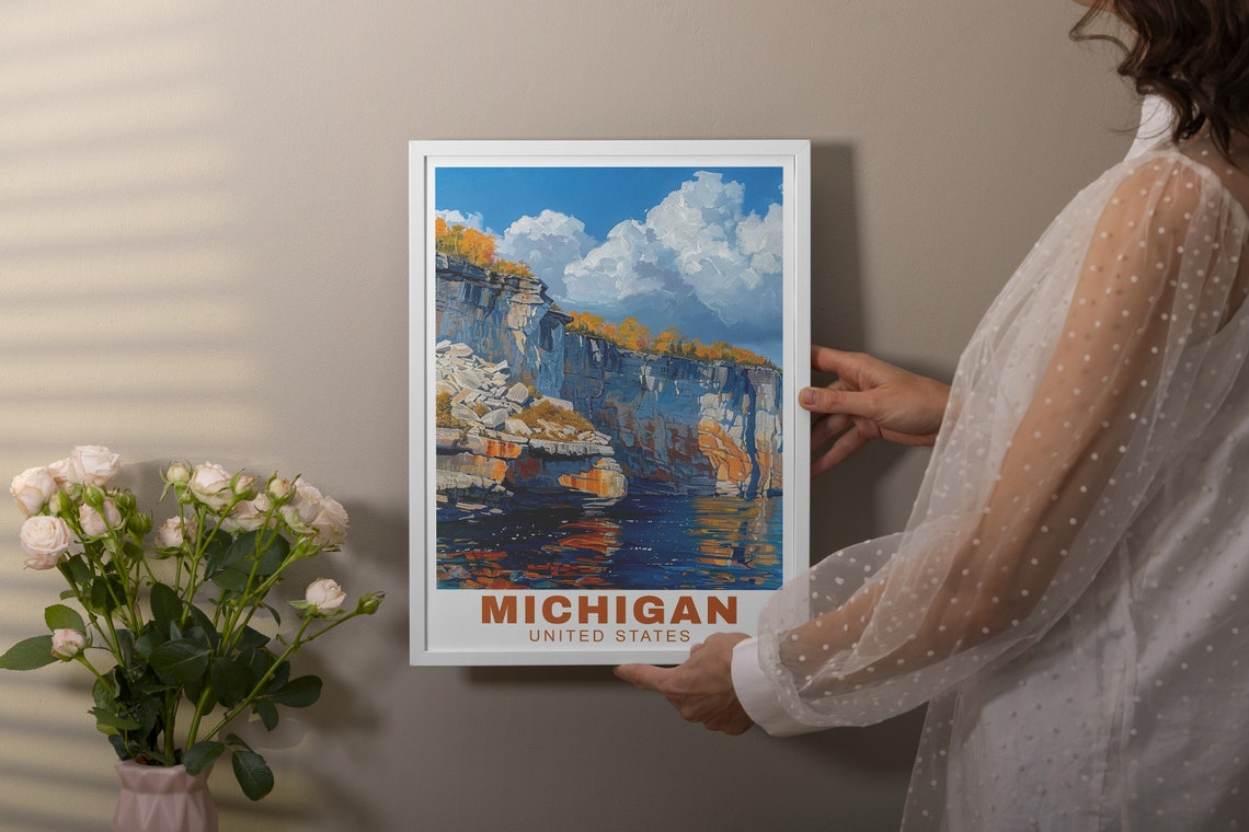Michigan Pictured Rocks Style Autumn Cliffs Lakeside View Poster - Image 2