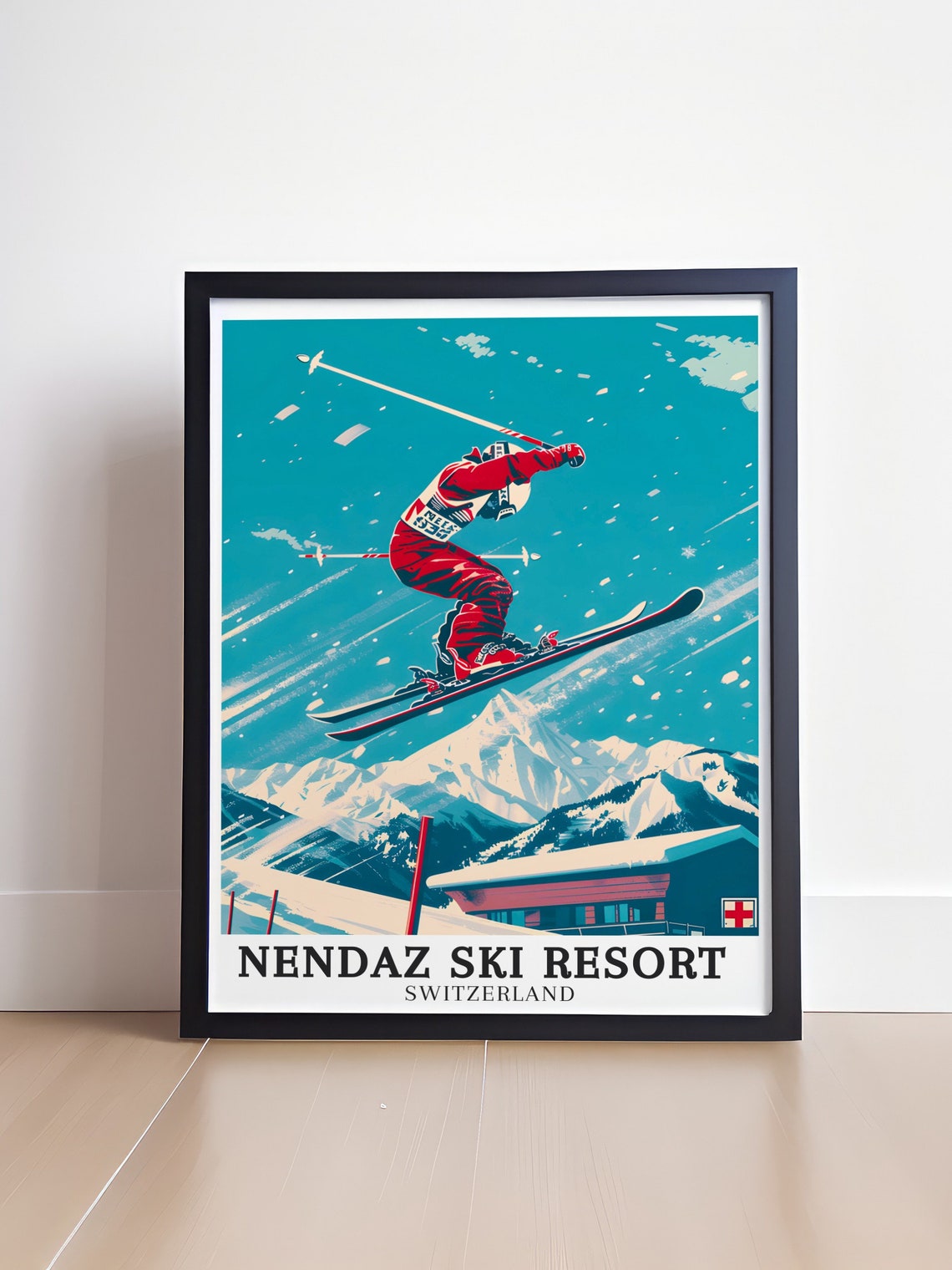Nendaz Switzerland Retro Ski Jump Poster Alpine Winter Sports Art - Image 4