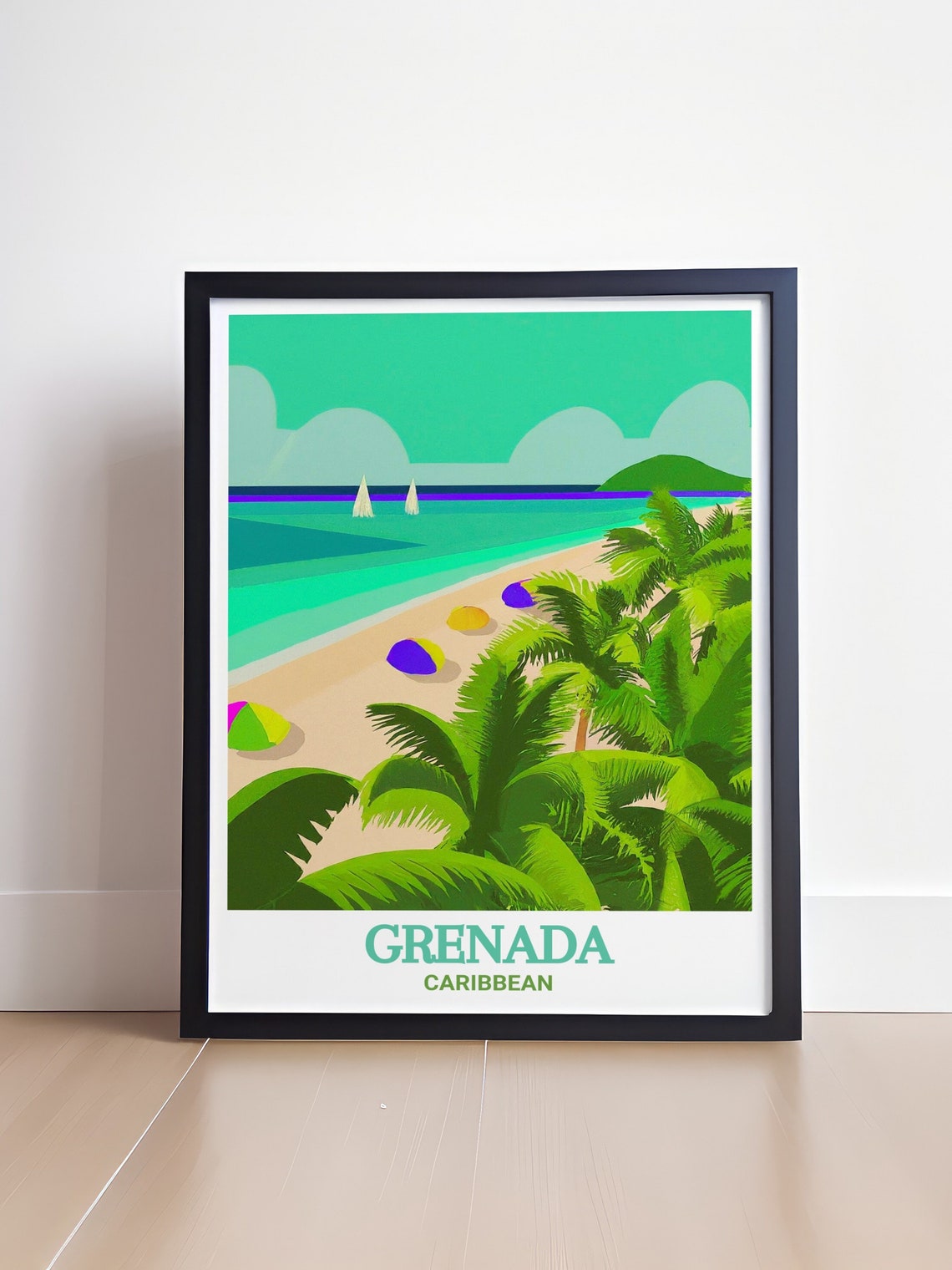 Grenada Palm Beach With Sailboats Colorful Umbrellas Caribbean Poster - Image 4