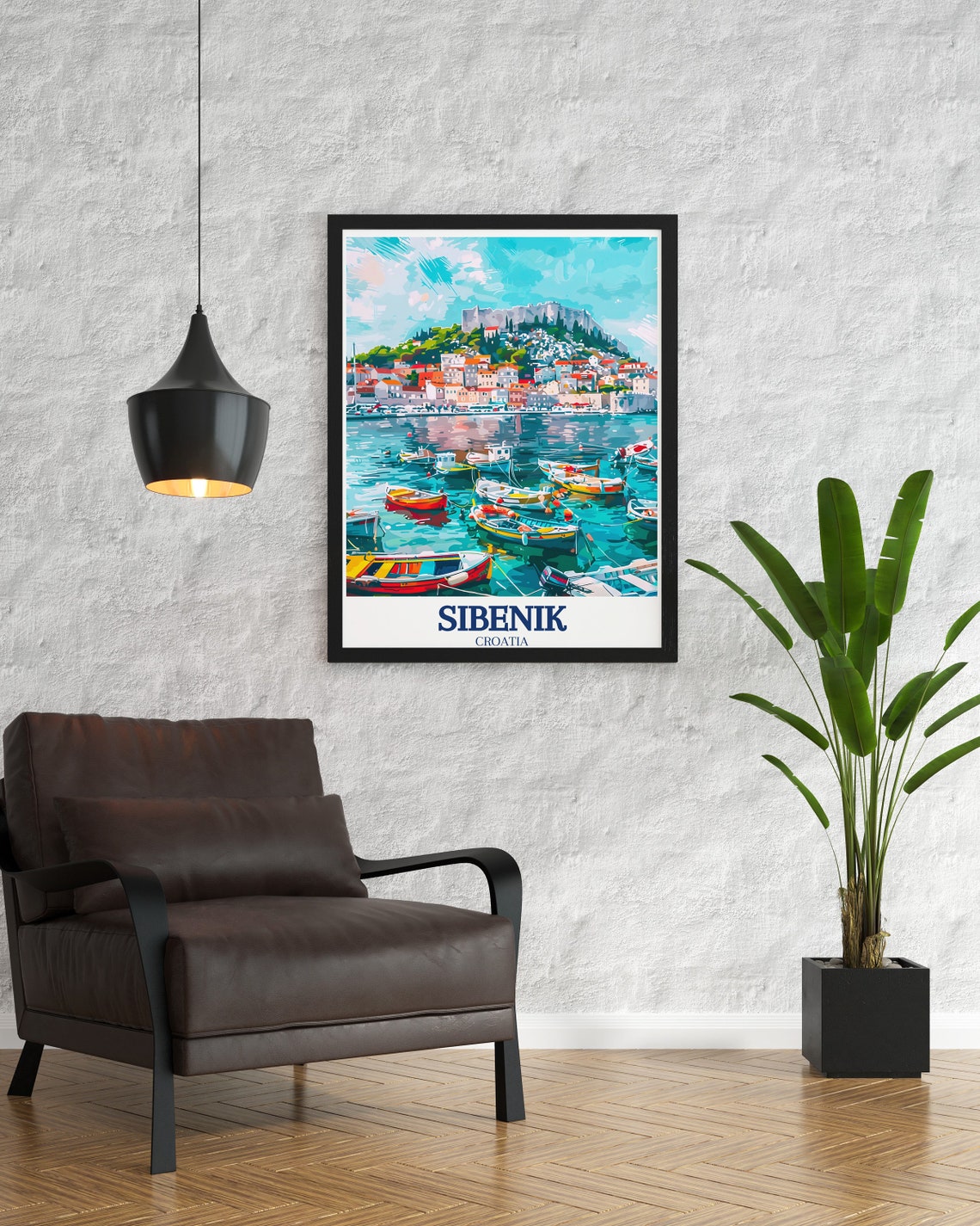 Sibenik Croatia Harbor Boats and Fortress Hill Travel Poster - Image 3