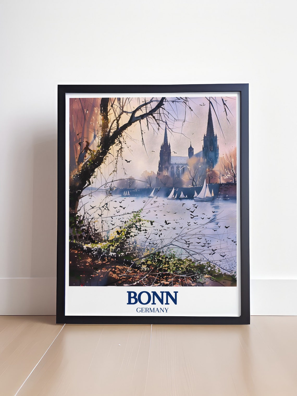 Bonn Germany Minster Basilica Poster Rhine River Dusk Watercolor Art - Image 4
