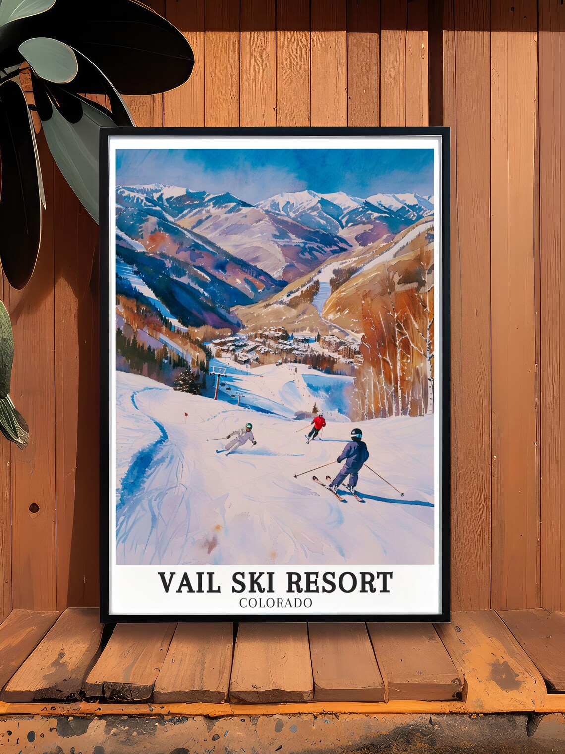 Vail Ski Resort Colorado Watercolor Skiers Valley Village Poster - Image 2