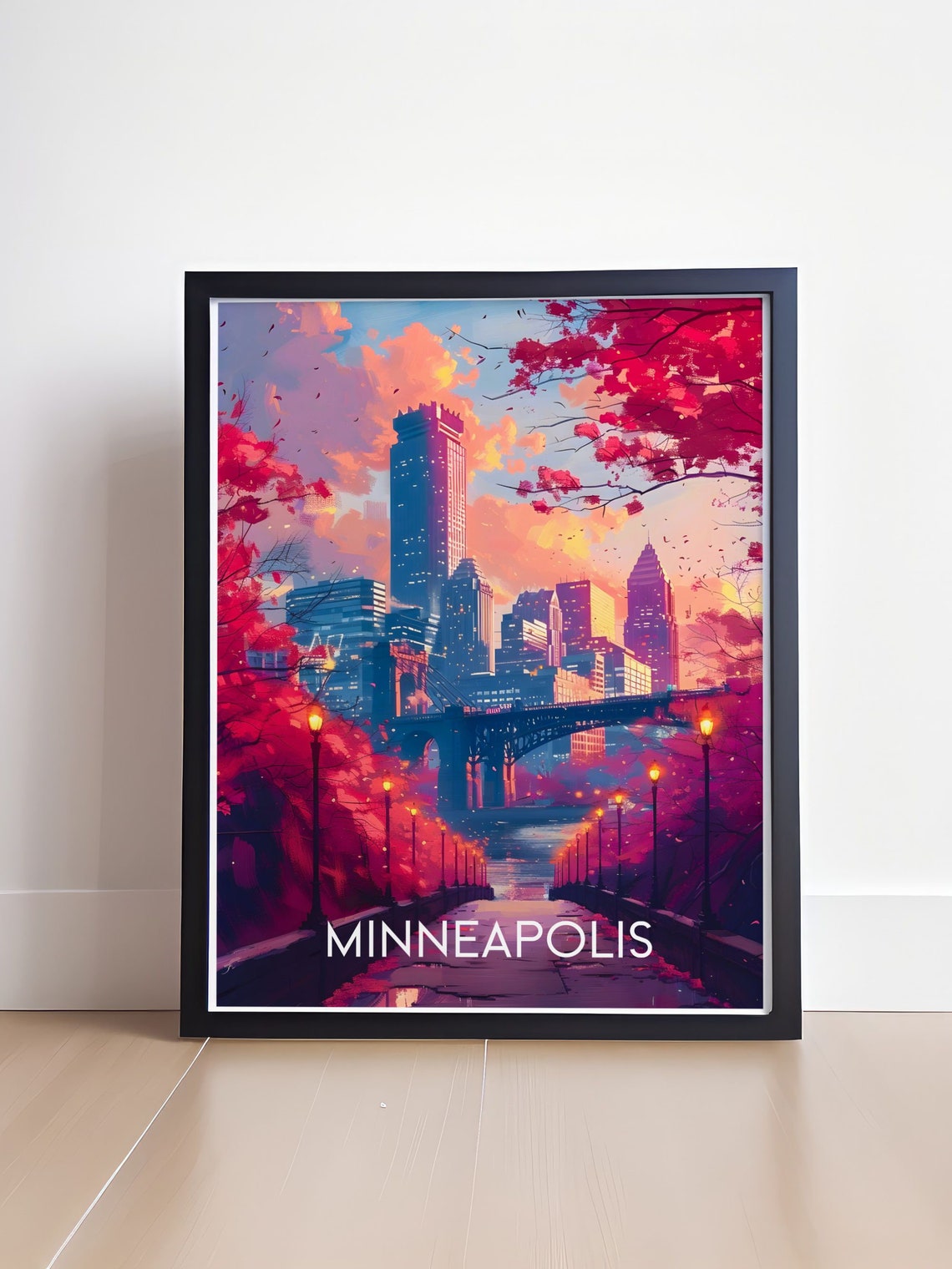 Minneapolis Skyline Sunset Riverfront Autumn City View Poster - Image 4