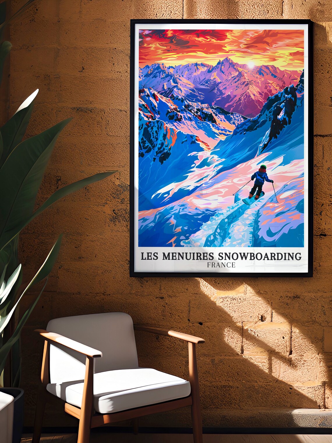 Les Menuires Snowboarding Sunset Alpine Vintage Travel Poster - Image 2