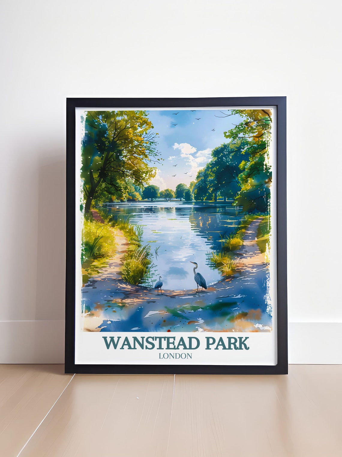 Wanstead Park Lakeside Trail Herons Watercolor Travel Poster - Image 4