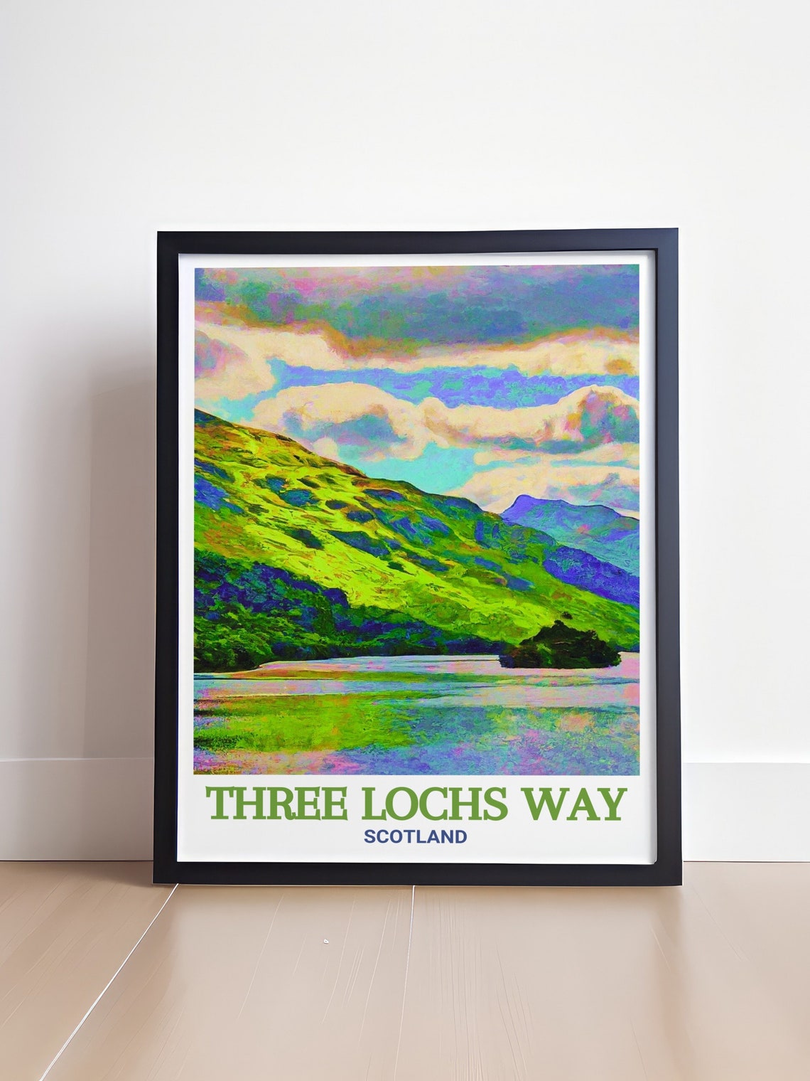 Three Lochs Way Scotland Painterly Loch Hillside Clouds Poster - Image 4