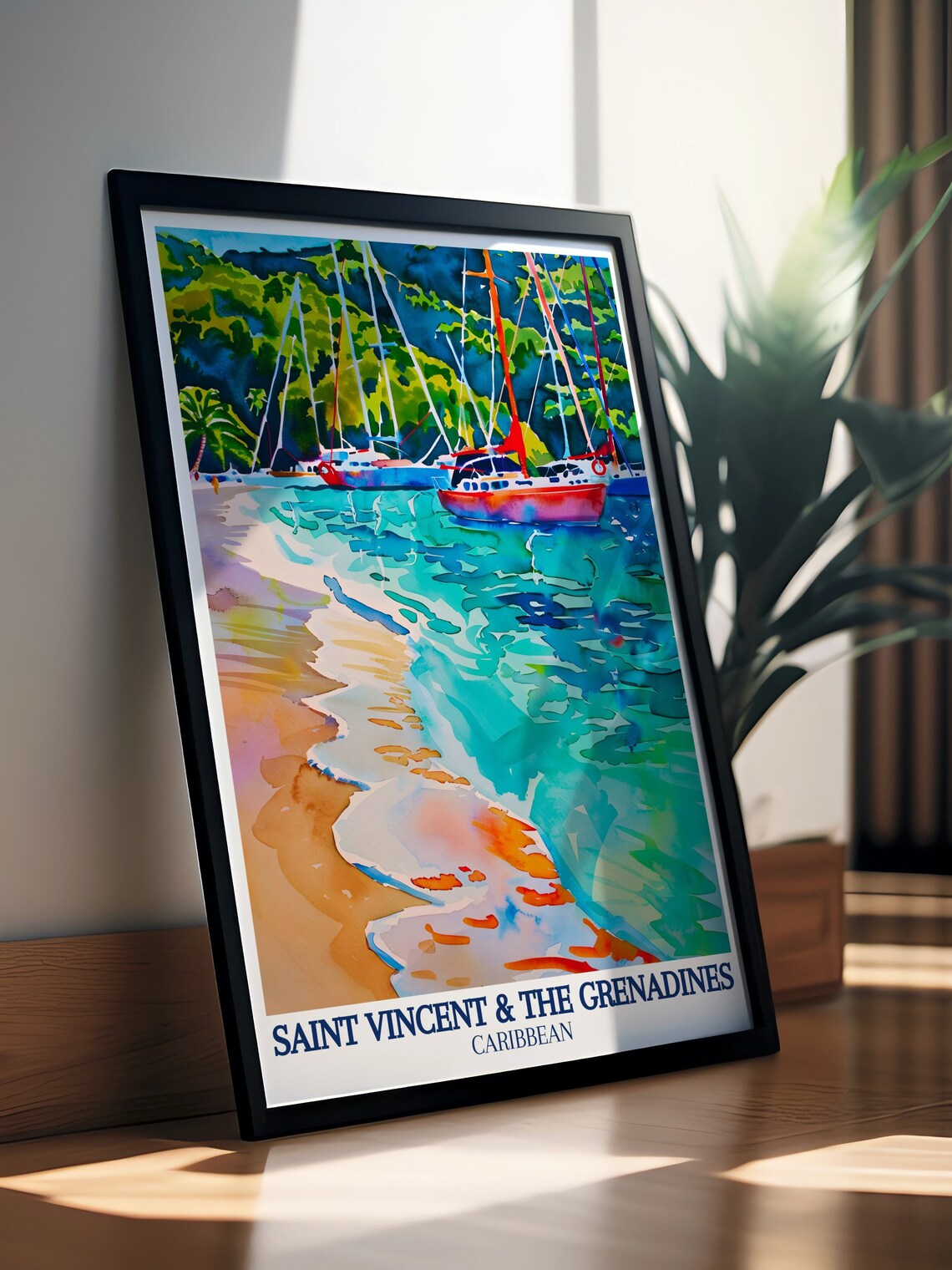 Saint Vincent and Grenadines Sailboats in Bay Watercolor Poster - Image 2