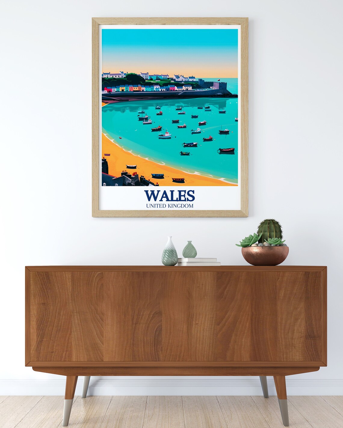 Sunny Wales Tenby Harbour Poster With Boats and Golden Beach Art - Image 2
