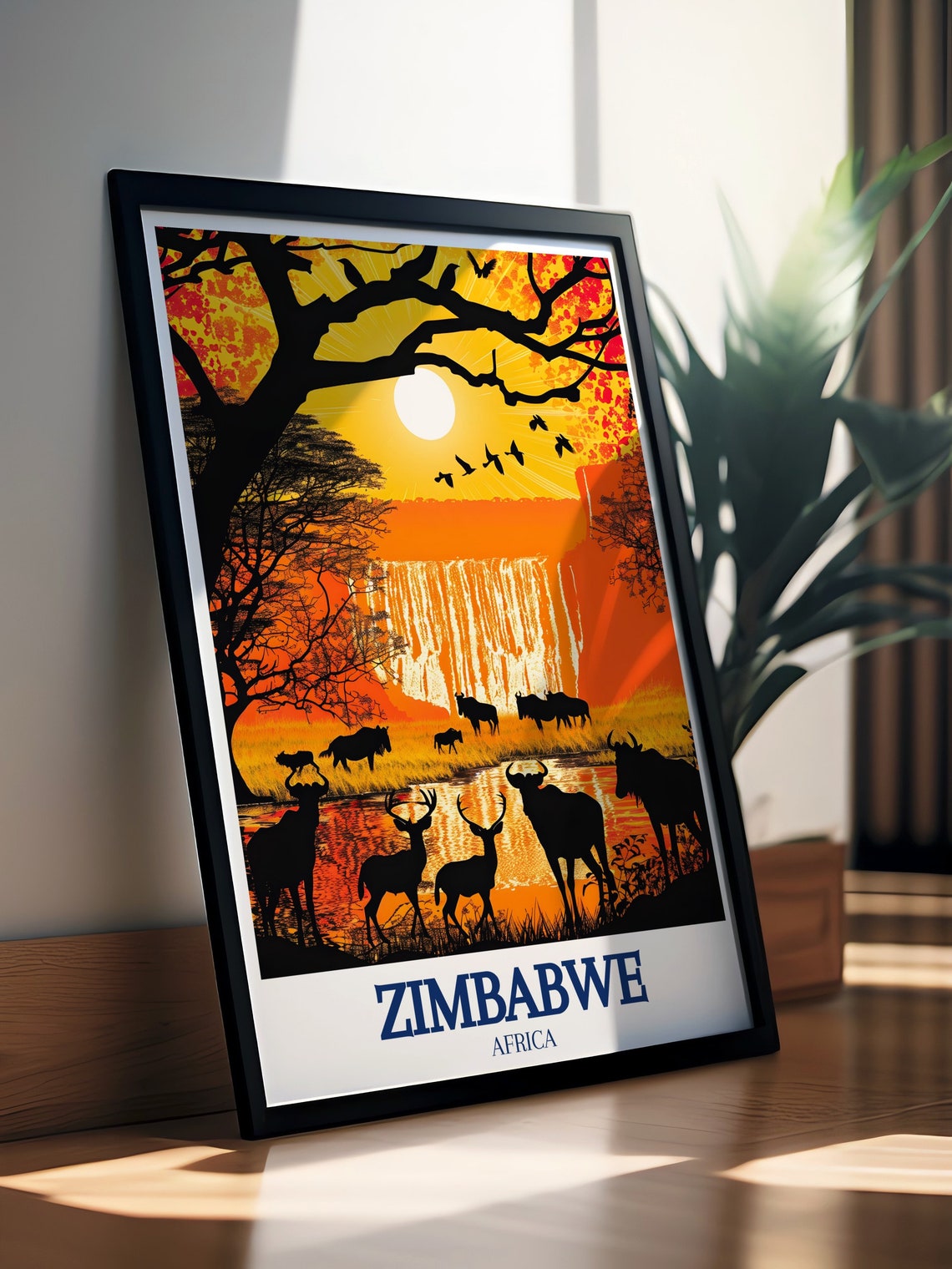 Zimbabwe Africa Safari Sunset Wildlife Waterfall Silhouette Poster - Image 3