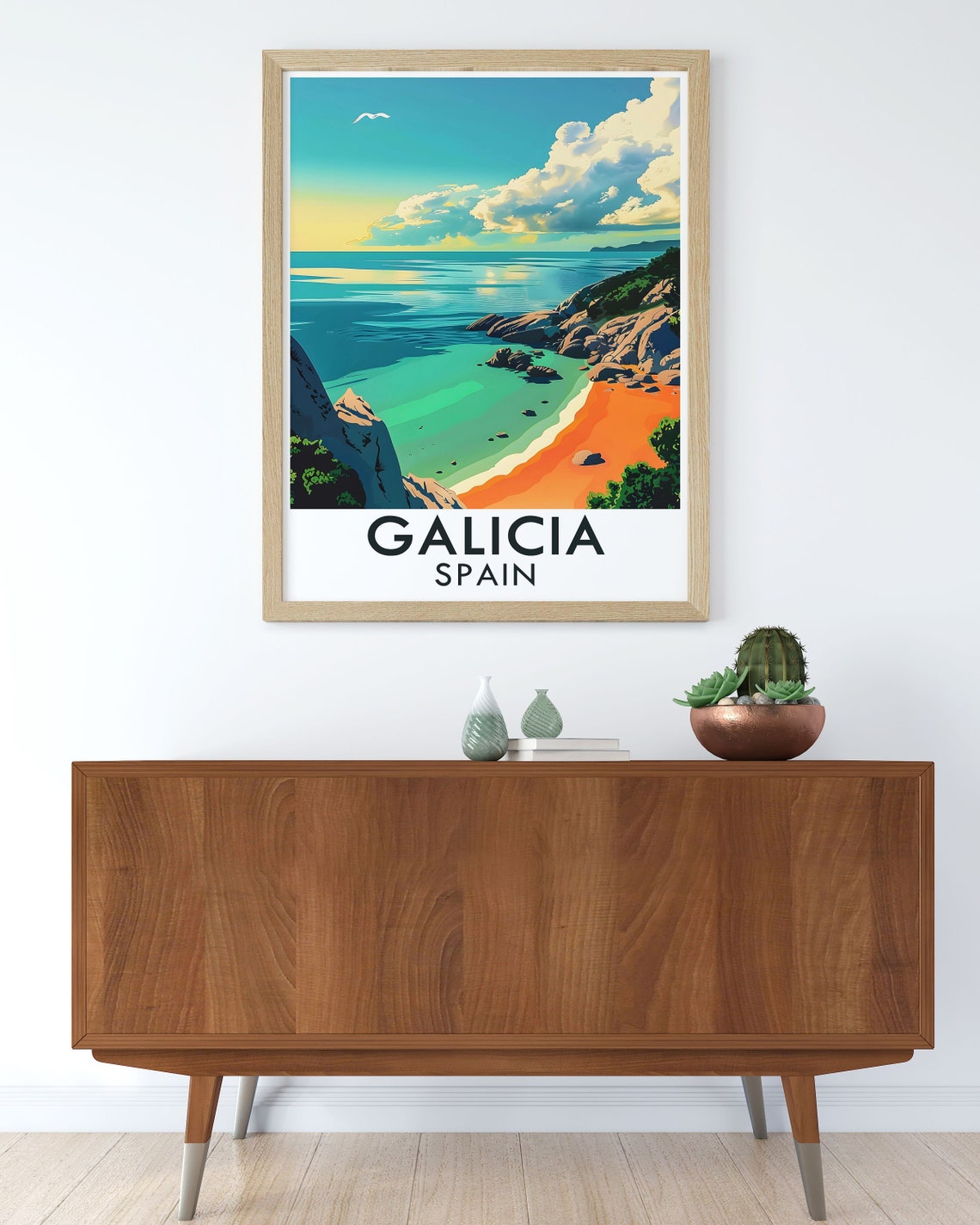 Galicia Spain Turquoise Cove Beach with Orange Sand Cliffs Poster - Image 3