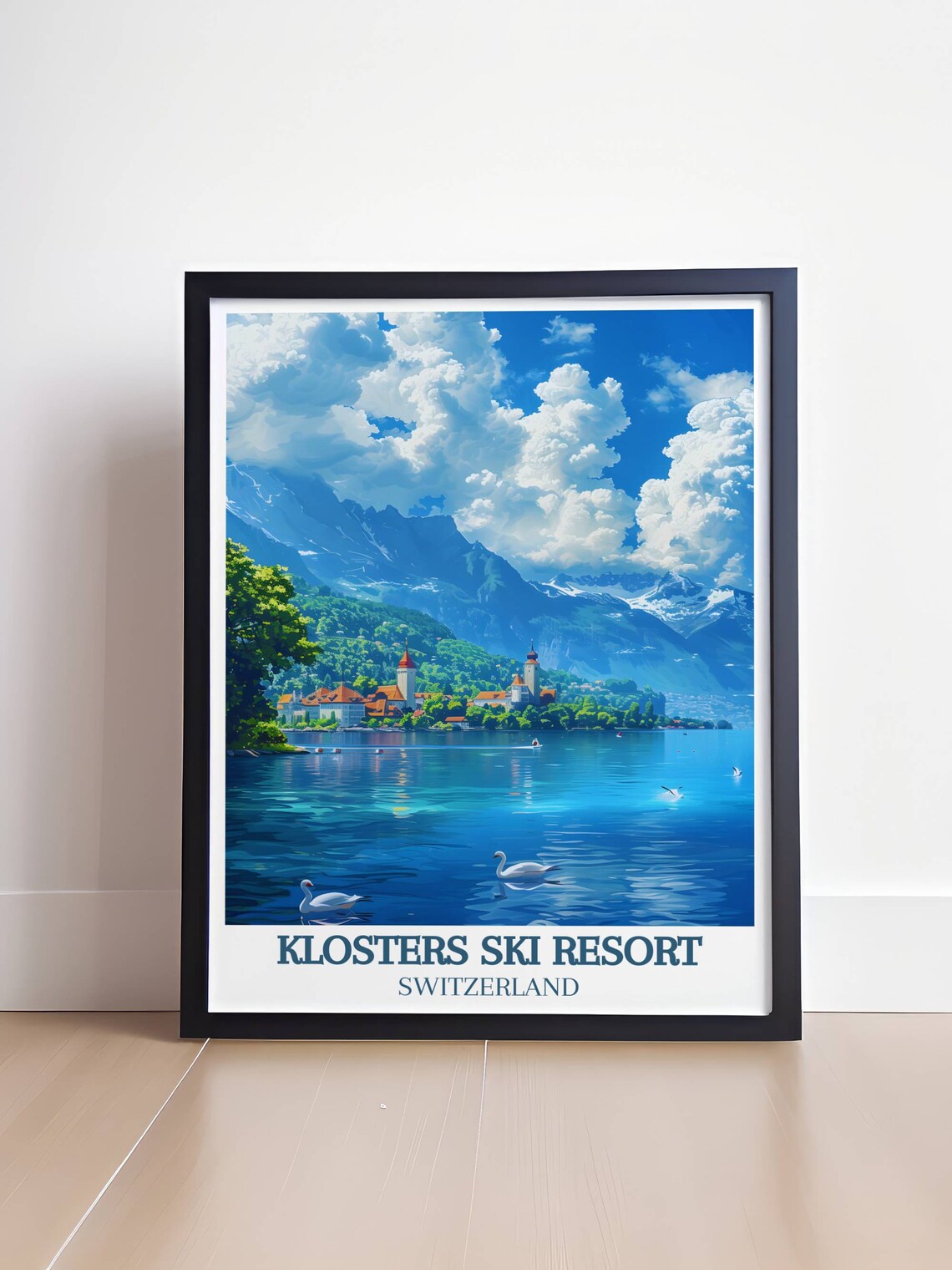 Swiss Alpine Lakeside Town Church Spires Swans and Snowy Peaks Poster - Image 4