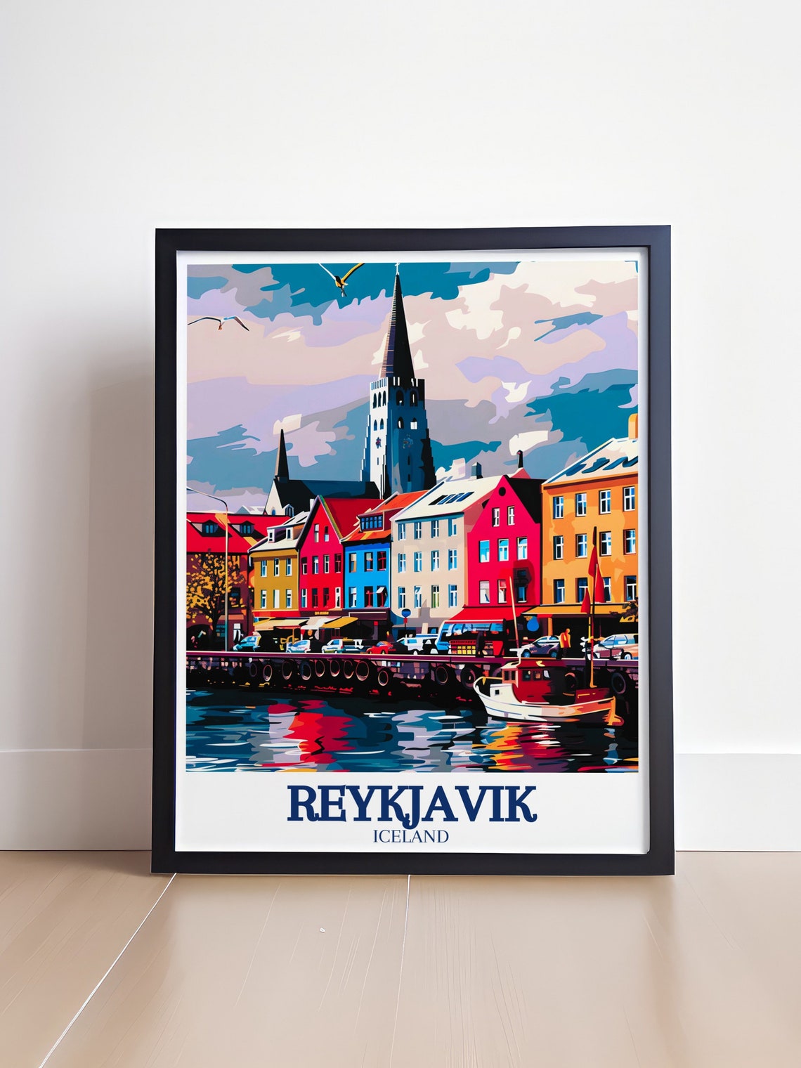 Reykjavik Waterfront with Hallgrimskirkja Church Colorful Retro Poster - Image 4