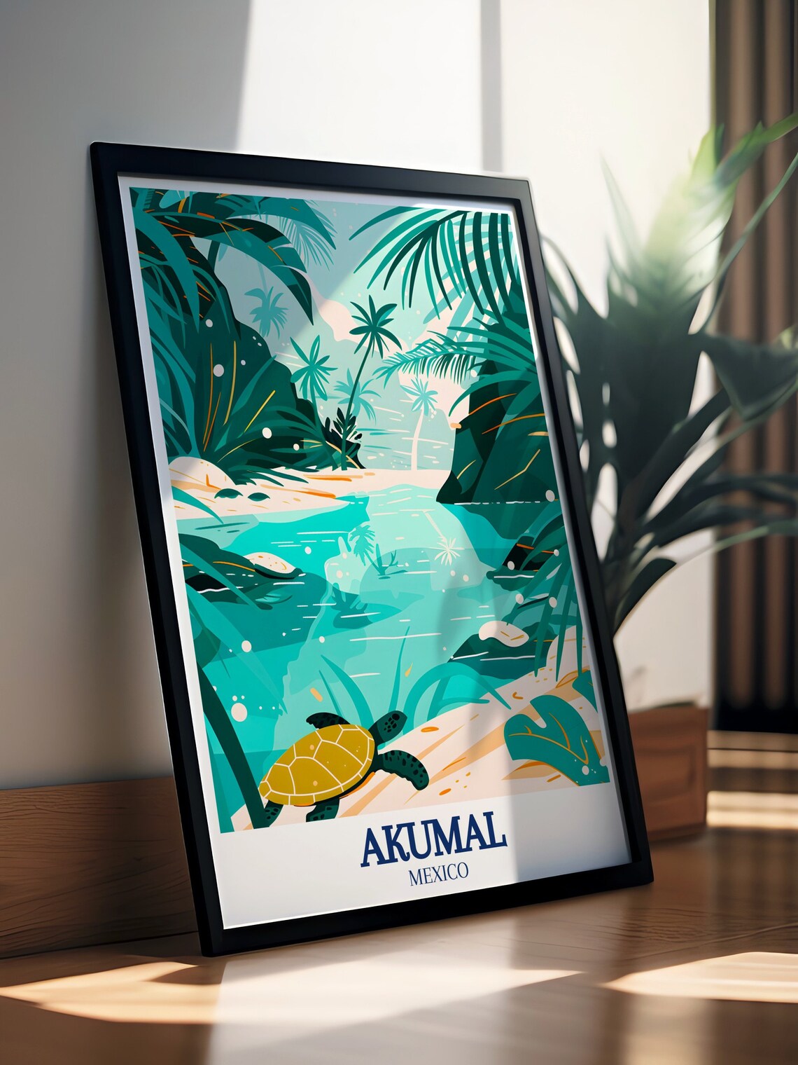 Akumal Mexico Sea Turtle in Tropical Lagoon Cove Art Travel Poster - Image 2