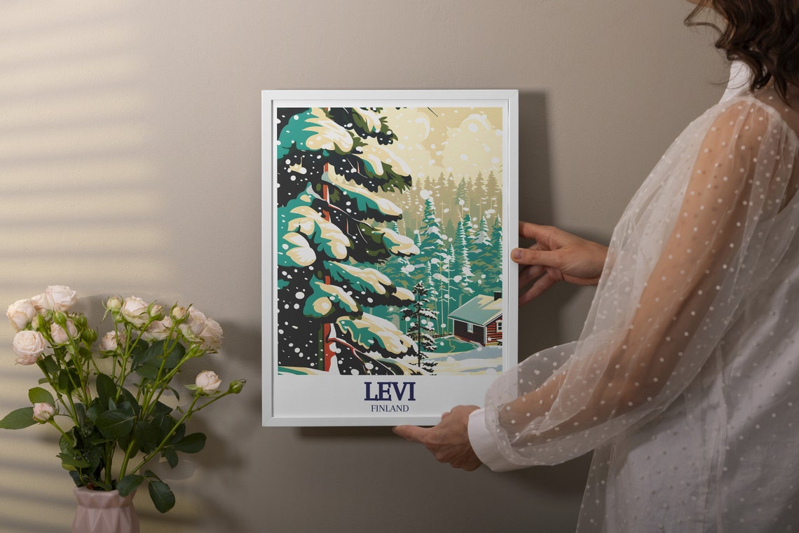 Cozy Levi Finland Snowy Forest Poster Winter Cabin Travel Art - Image 3