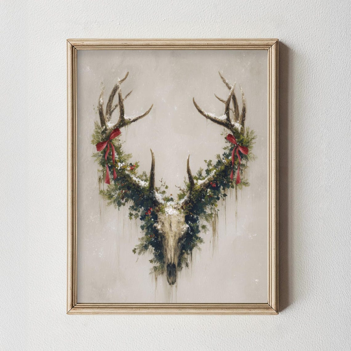 Deer Skull Red Bows Christmas Greenery Festive Rustic Art Poster