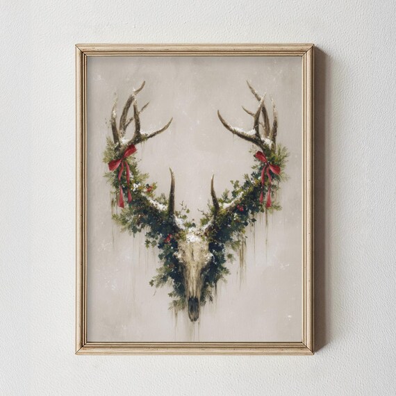Deer Skull Red Bows Christmas Greenery Festive Rustic Art Poster