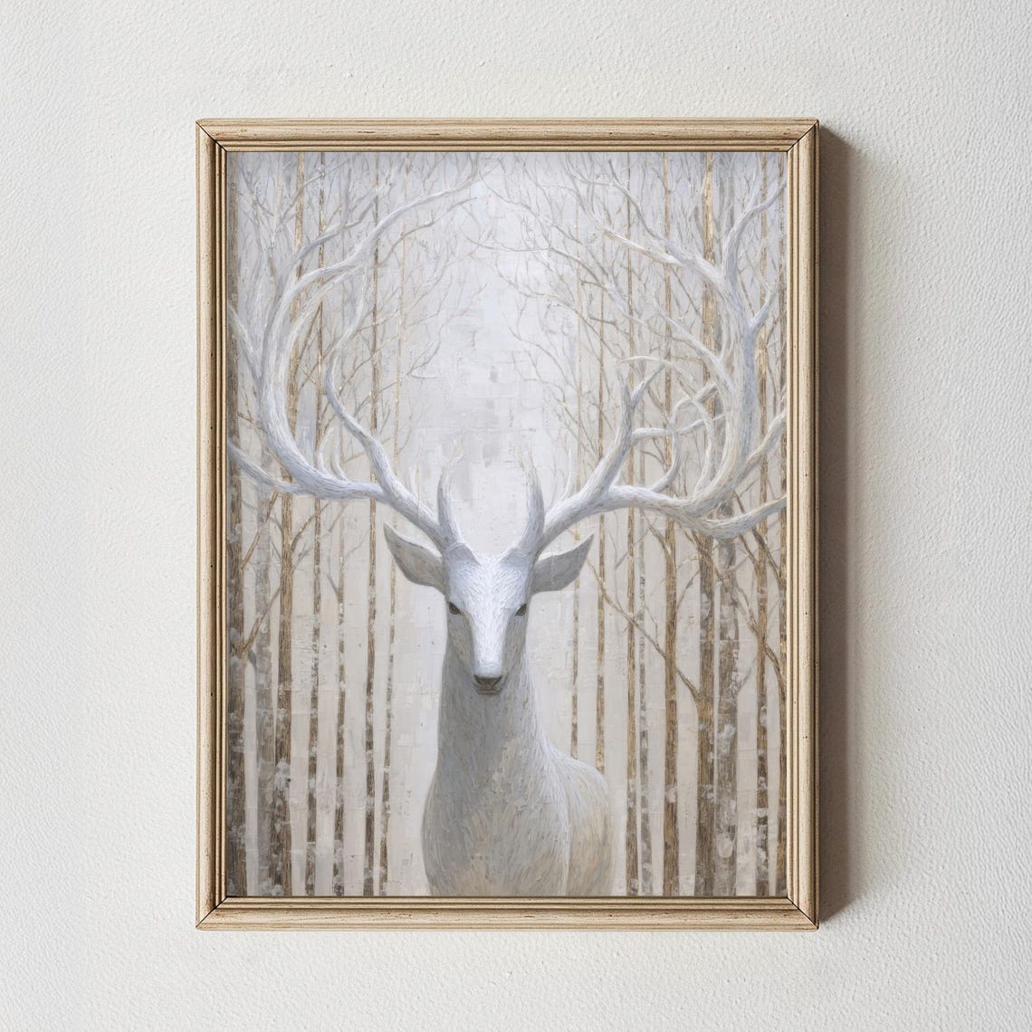 White Stag Winter Birch Forest Elegant Majestic Animal Wall Art