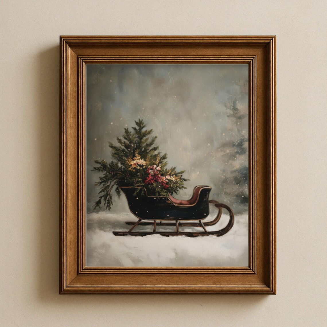 Vintage Sleigh Christmas Greenery Moody Winter Wonderland Wall Art