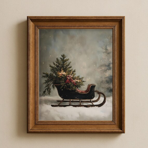 Vintage Sleigh Christmas Greenery Moody Winter Wonderland Wall Art