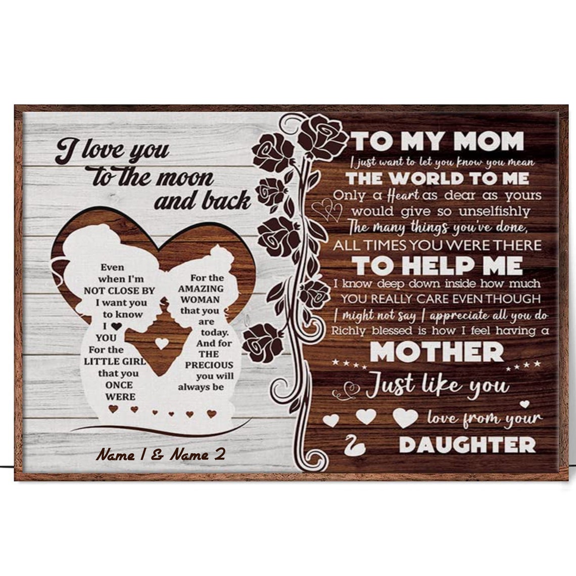 To My Mom Love from Your Daughter Heart Message Rustic Canvas Wall Art - Image 4