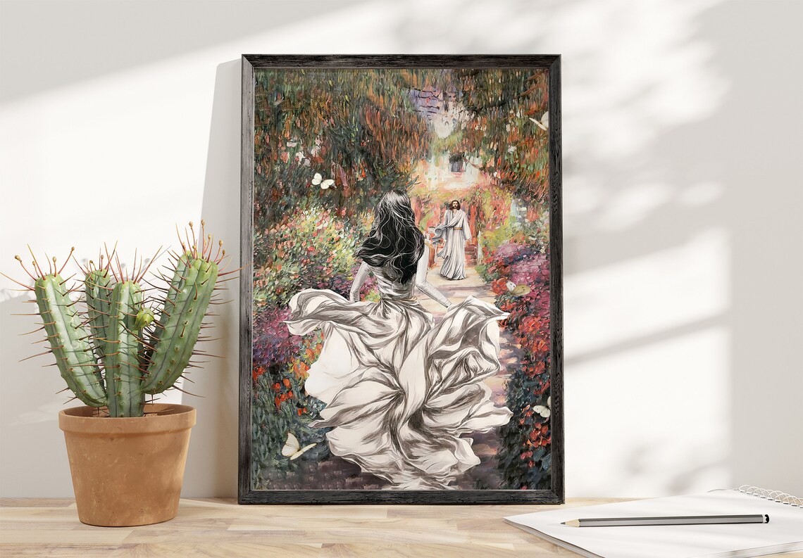 Girl Running With Jesus Colorful Flower Garden Christian Art Poster - Image 4