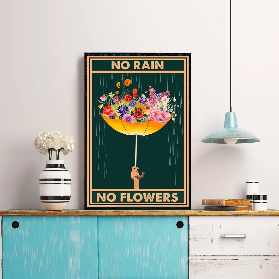 No Rain No Flowers Inspirational Floral Umbrella Quote Poster - Image 2