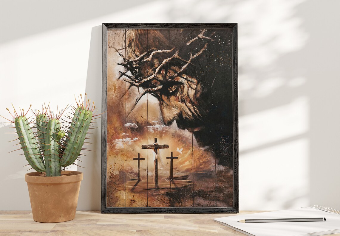 Jesus Crown of Thorns Three Crosses Calvary Christian Faith Poster - Image 4