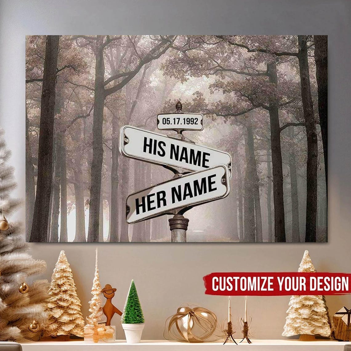 Personalized His And Her Street Sign Misty Forest Couple Poster - Image 4