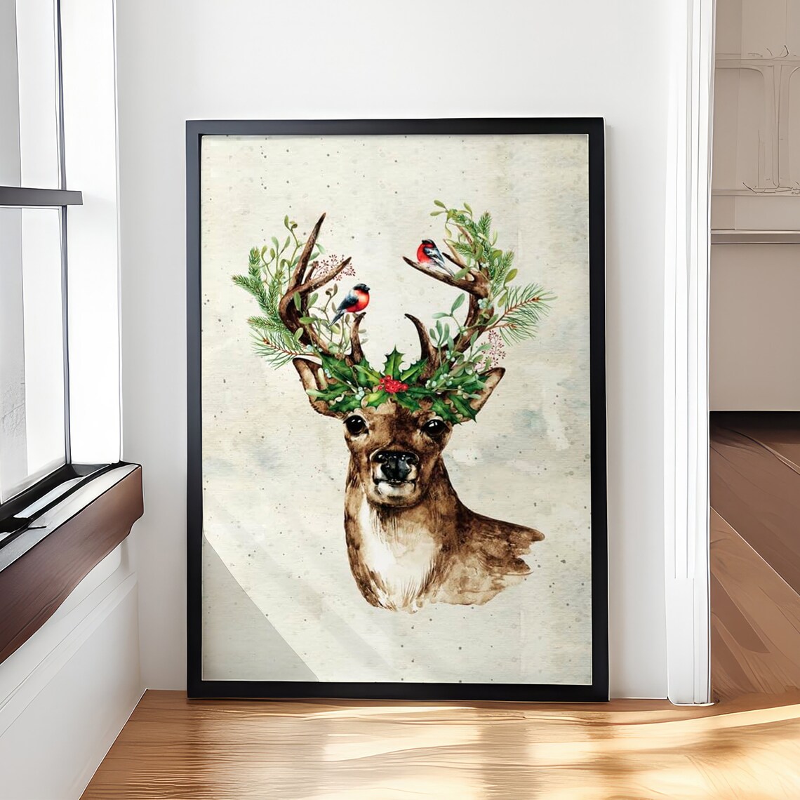 Watercolor Deer Holly Antlers Christmas Winter Wonderland Poster