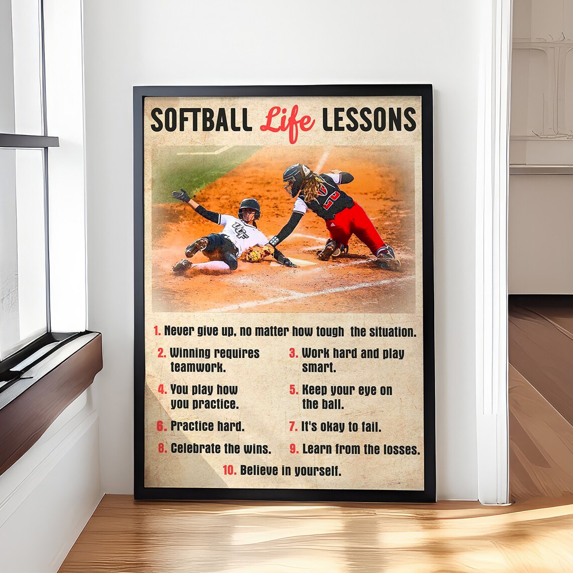 Softball Life Lessons Vintage Action Slide Ten Lessons Sports Poster