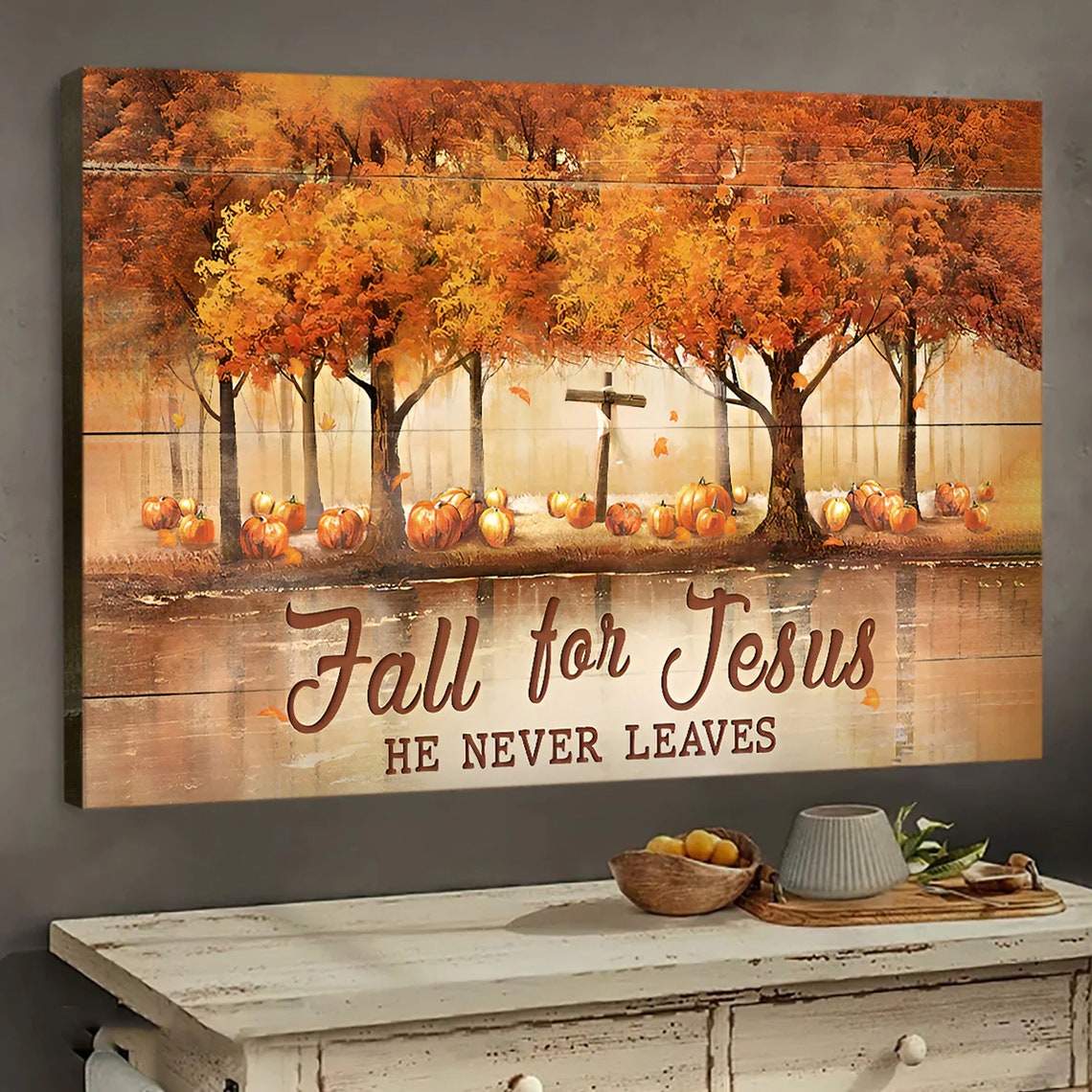 Fall For Jesus He Never Leaves Autumn Pumpkin Forest Scene Poster
