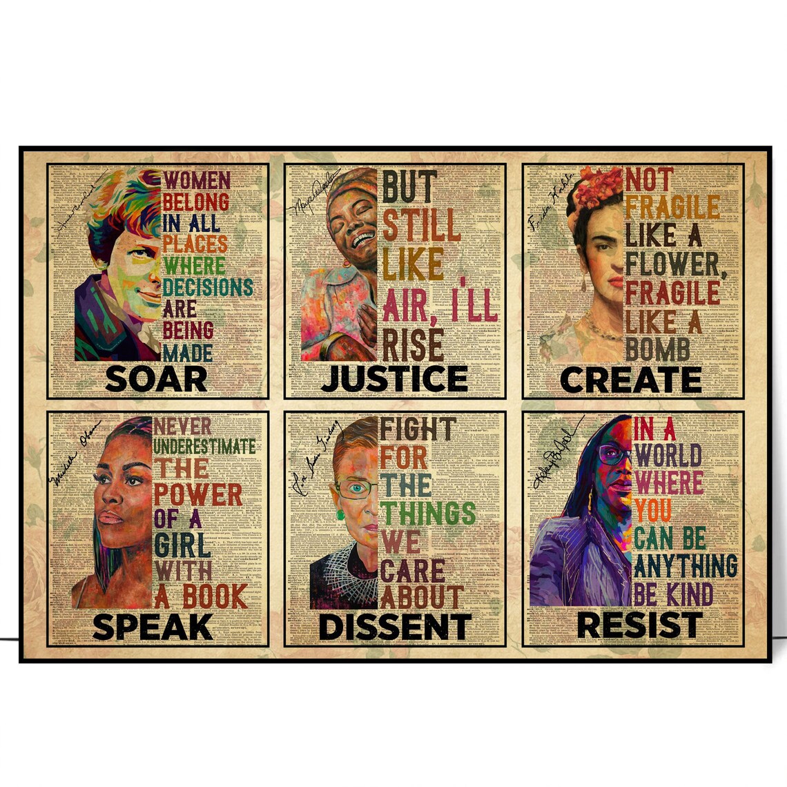 Feminist Icons Frida Kahlo RBG Michelle Obama Pop Art Quote Poster