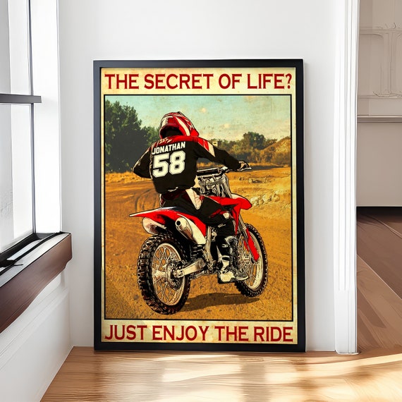 The Secret Of Life Just Enjoy The Ride Motocross Poster With Custom Name Number Appearance Landscape Vintage Style Dirt Bike Gifts