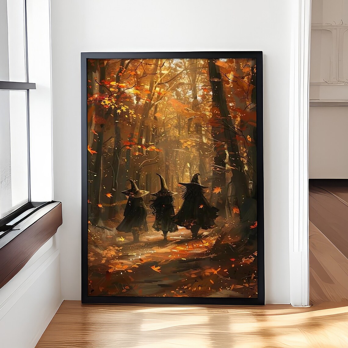 Three Witches Walking Autumn Forest Fall Halloween Art Poster