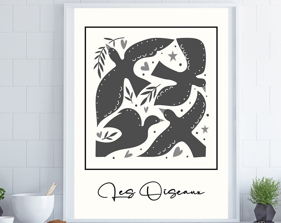 Les Oiseaux Folk Art Birds Minimal Black White Scandinavian Print