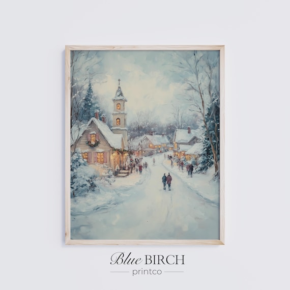 Vintage Snowy Village Church Glowing Windows Christmas Poster
