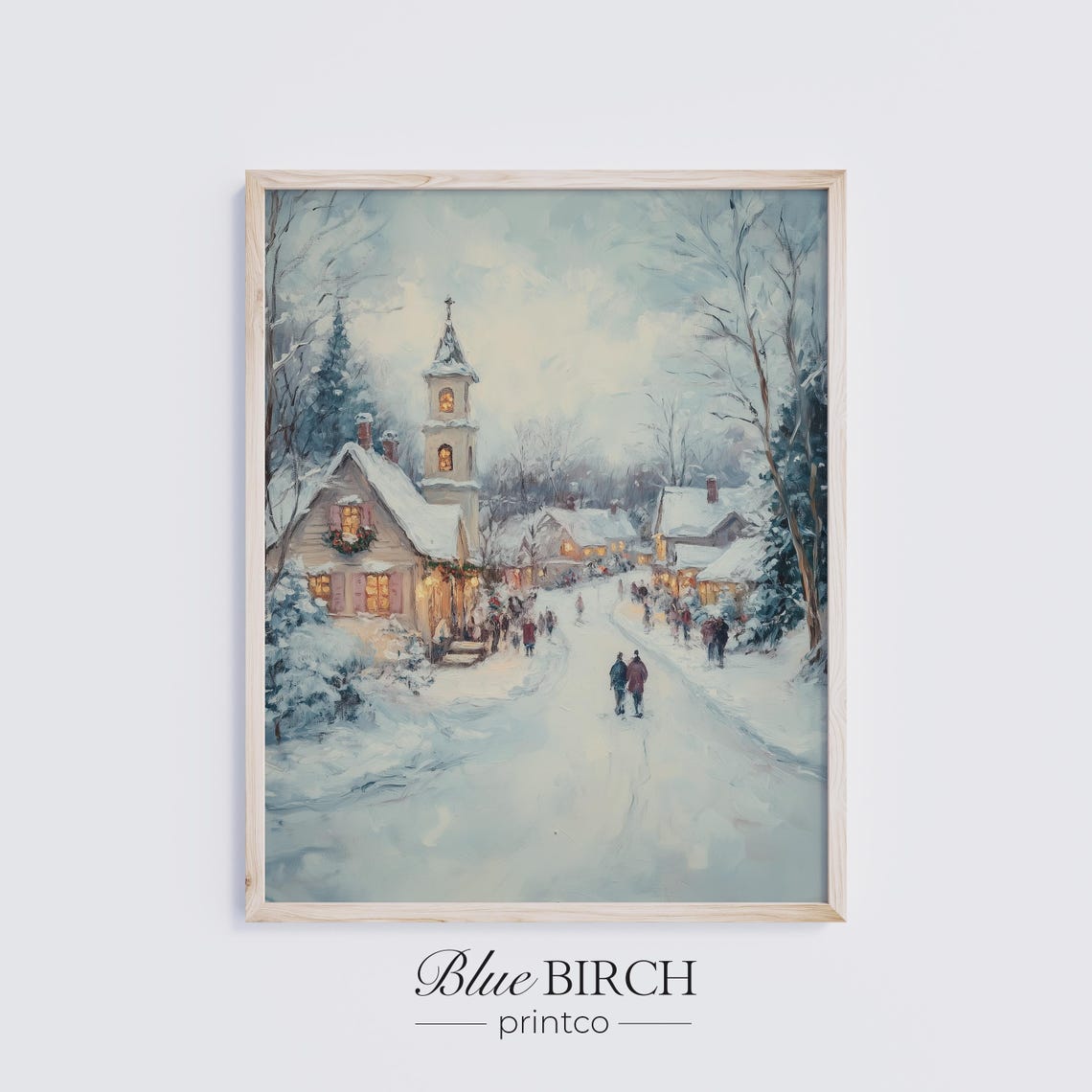 Vintage Winter Village Art Festive Christmas Home Town Snowy Street Scene Holiday Cottage Wall Decor Classic Church Print 136