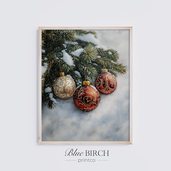 Red Gold Christmas Baubles Snowy Pine Branch Classic Holiday Poster