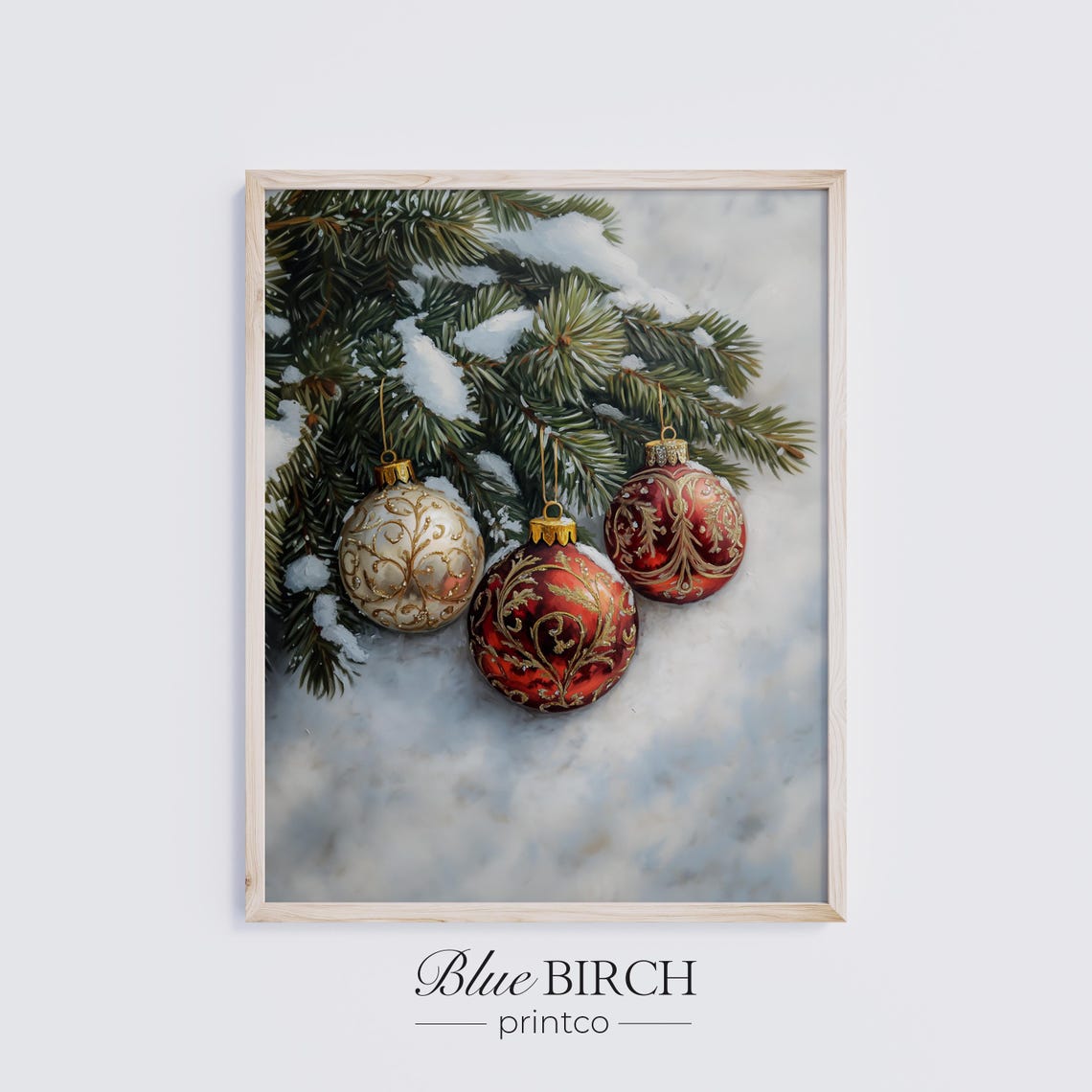 Red Gold Christmas Baubles Snowy Pine Branch Classic Holiday Poster