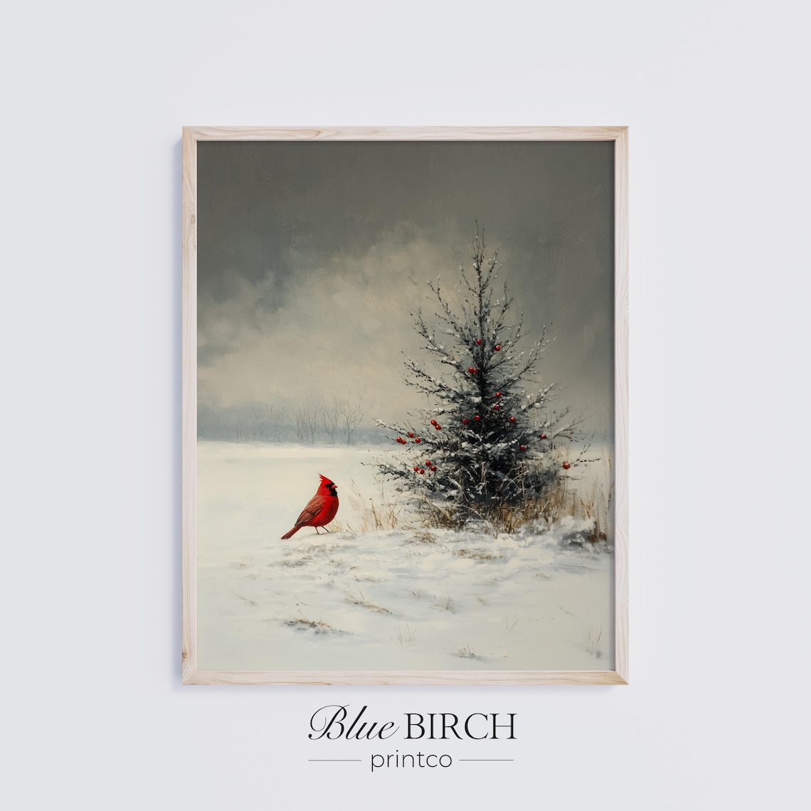 Red Cardinal in Snowy Field Winter Bird Oil Painting Wall Art
