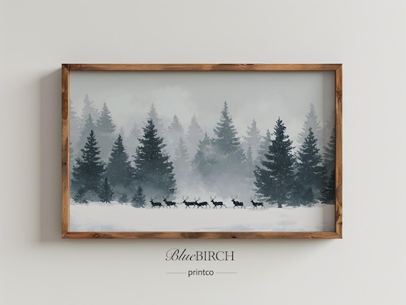 Winter Forest Landscape Frame Tv Art Snowy Pine Trees With Deer For Rustic Holiday Decor Samsung Print 15