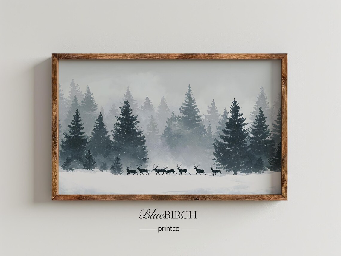 Winter Forest Landscape Frame Tv Art Snowy Pine Trees With Deer For Rustic Holiday Decor Samsung Print 15