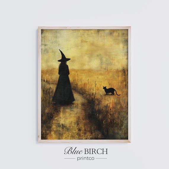 Vintage Witch Silhouette Painting Spooky Halloween Wall Art And Black Cat Rustic Fall Field Decor Witchy Home Accent 79