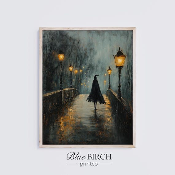 Moody Witch Walking On Foggy Lanternlit Bridge Vintage Style Oil Painting Halloween Wall Art Enchanting Night Scene 184
