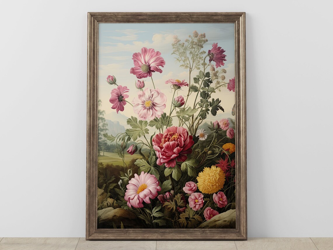 Vintage Botanical Pink Peony Flower Garden Illustration Poster