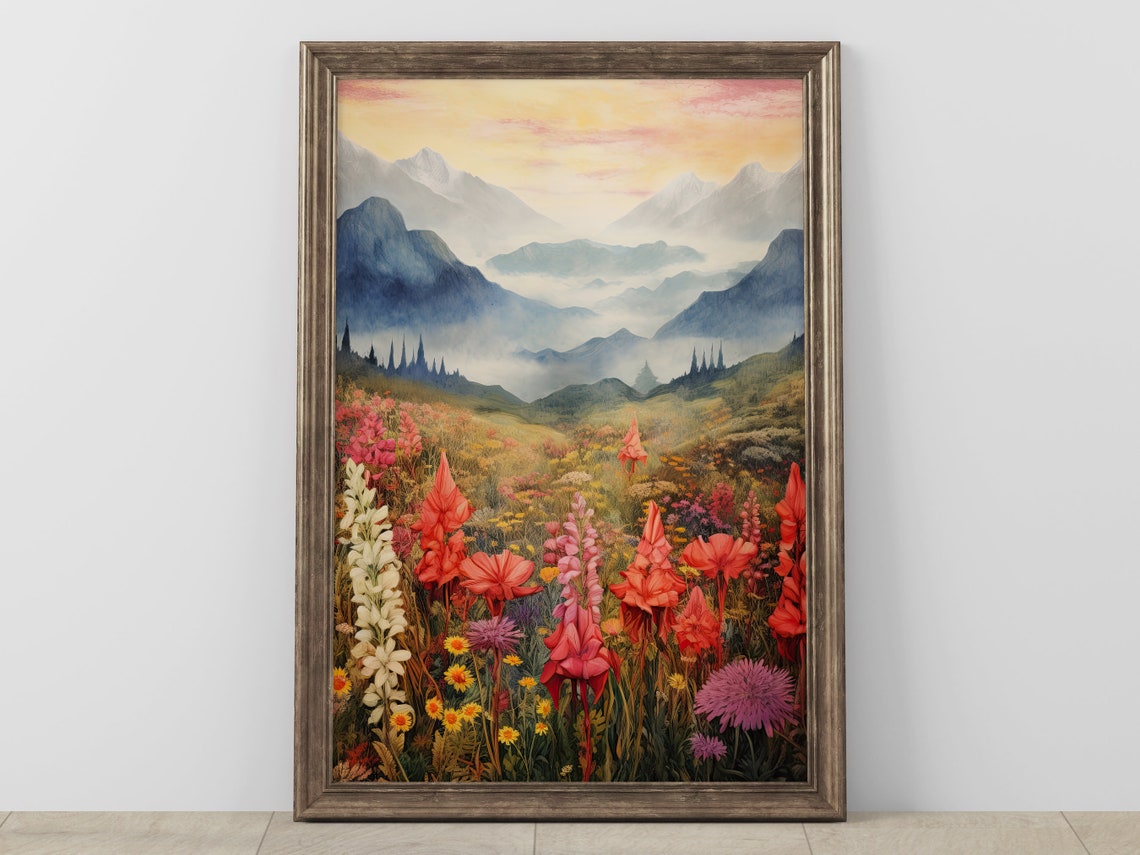 Alpine Meadow Wildflowers at Sunrise Mountain Landscape Poster